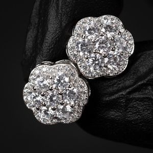 Men's Large 925 Sterling Silver Flower Cluster Hip Hop Screw Back Stud Earrings